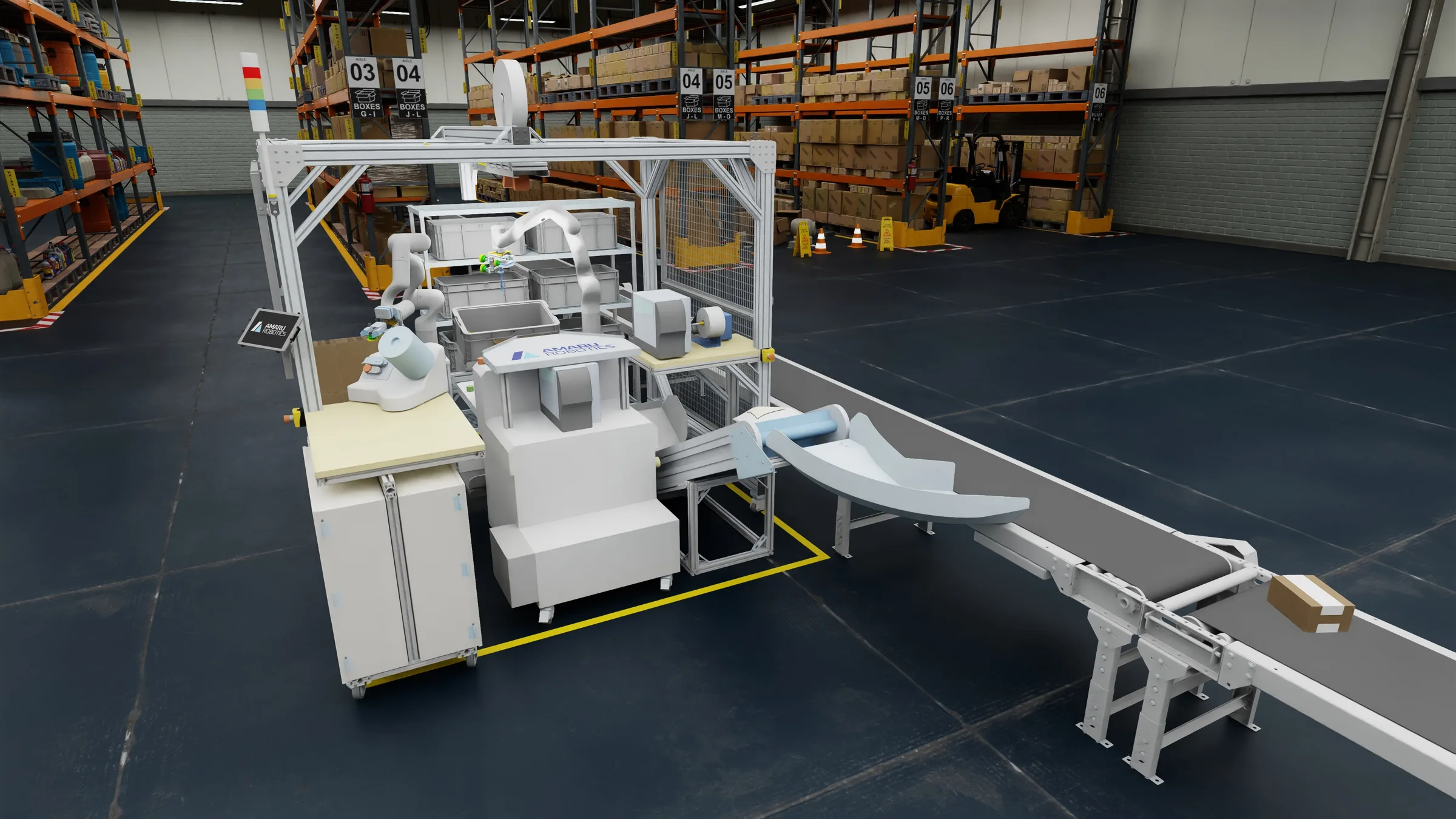 Render of the Amaru dual-arm packing cell on a warehouse floor