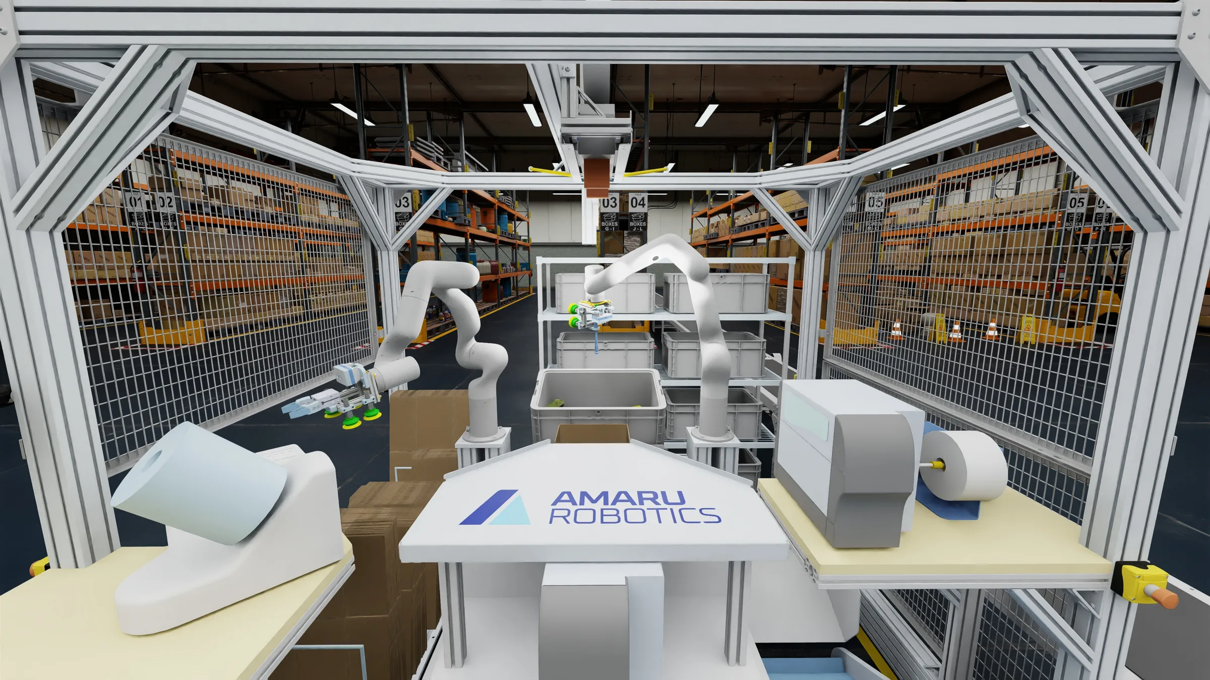Front of the Amaru cell with its branded station and robot arms