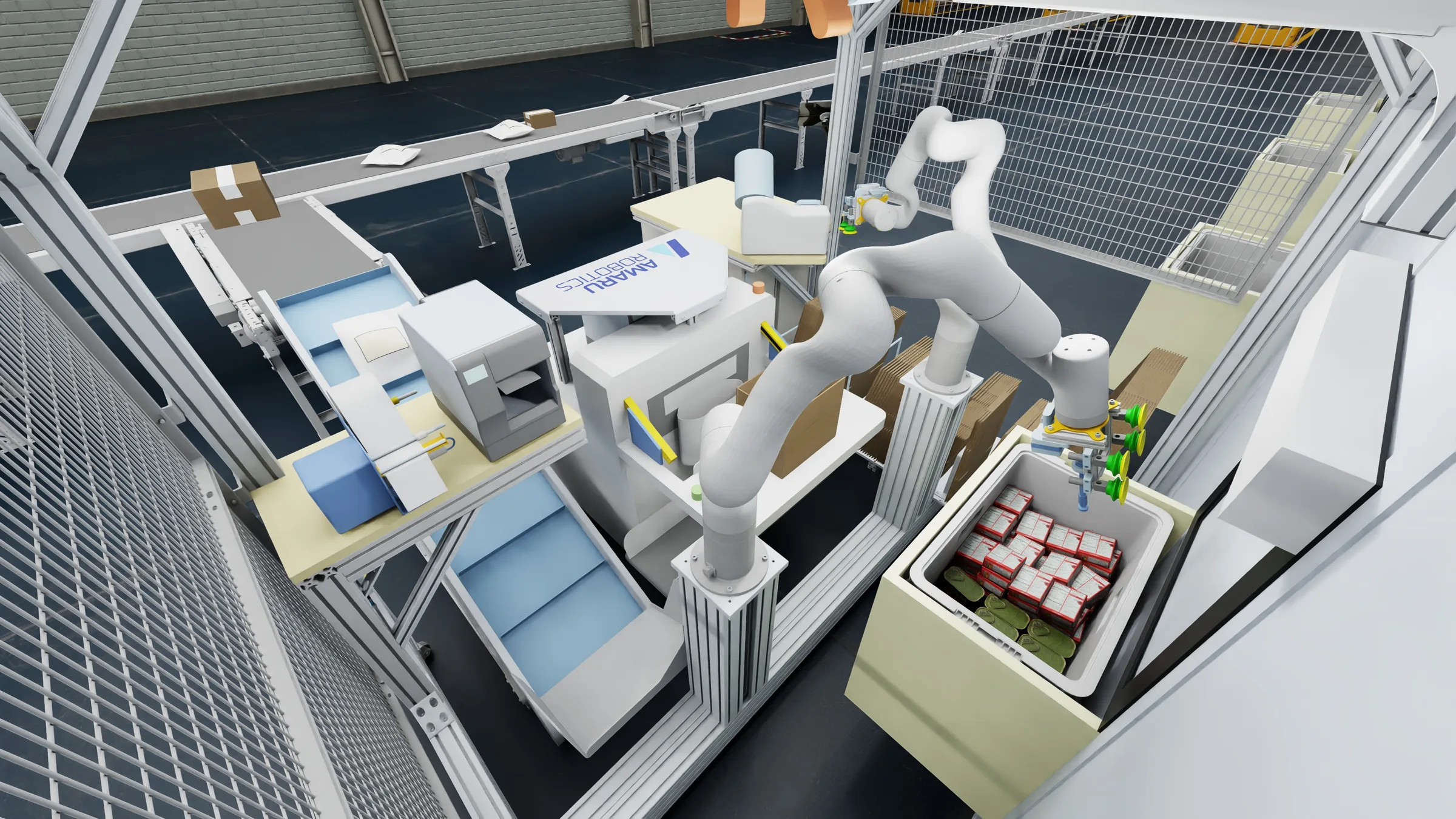 Two Amaru robot arms packing an order inside the cell